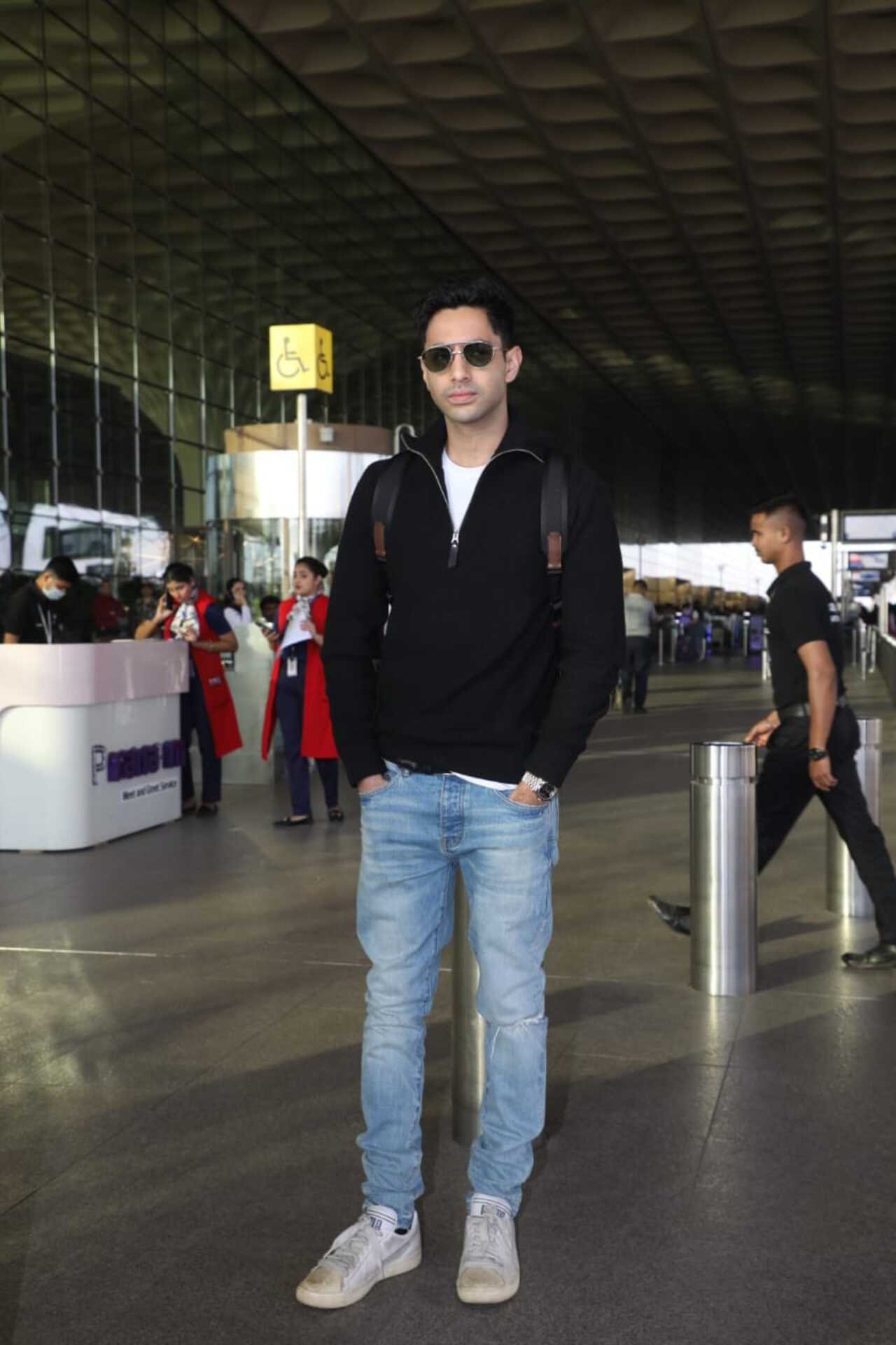 Agastya Nanda was also spotted at the airport as he flew out for the promotions of his upcoming film Ikkis, wearing a black hoodie over a white t-shirt and blue jeans.